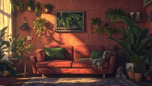 Cozy terracotta living room with plants and warm sunlight.