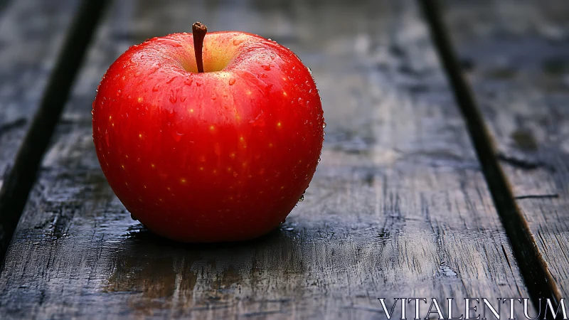 Red apple rests on wet rustic wooden tabletop. Period.