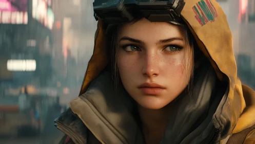 Cyberpunk street portrait with shallow depth and rain-soaked bokeh