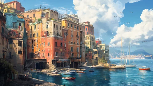 Sunlit harbor homes rise brightly above calm blue water