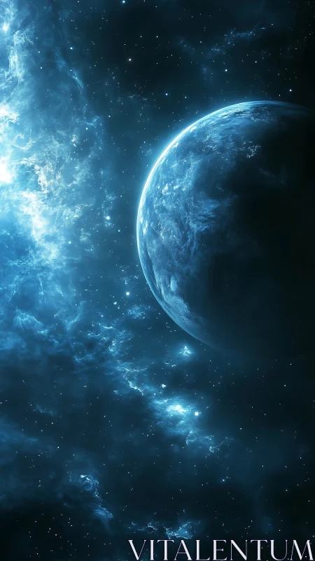 Gentle blue planet drifting through a glowing starry nebula.