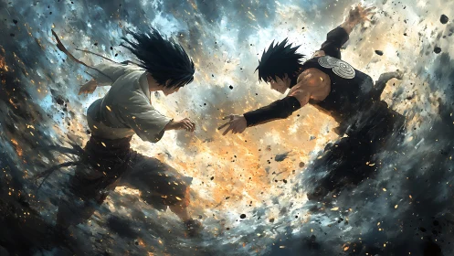 Storm‑forged rivals clashing in a swirling battlefield sky.