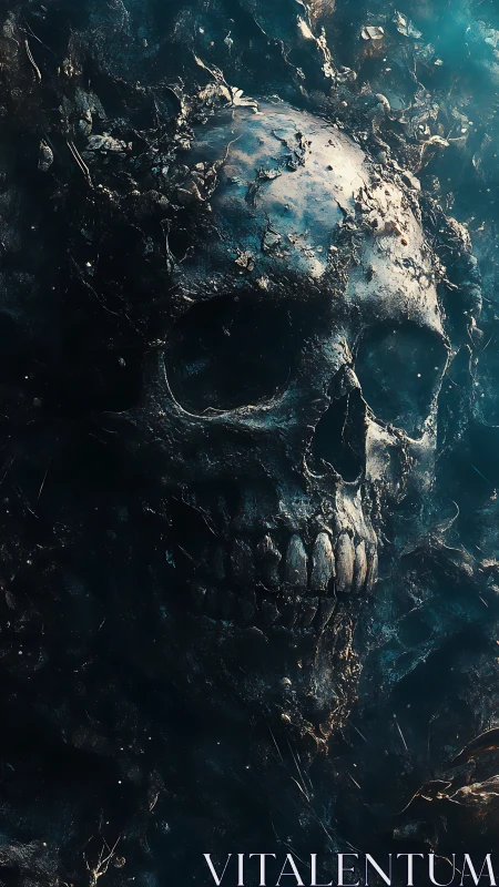 Eroded graveyard skull dissolves into eerie ocean dusk.