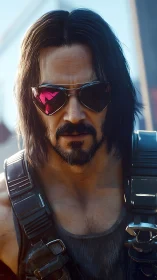 Digital male character portrait shows intense, focused stare