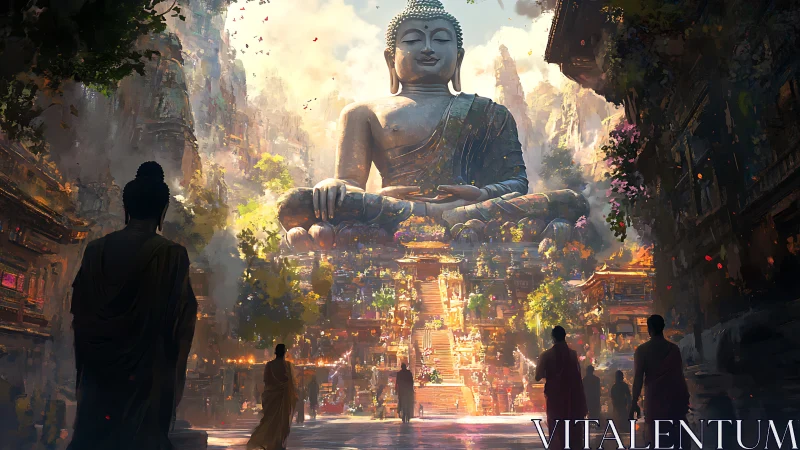 Monumental seated Buddha in mountainous temple complex.