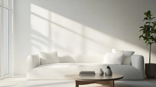 Sunlit minimalist living room with white sofa and soft raking light