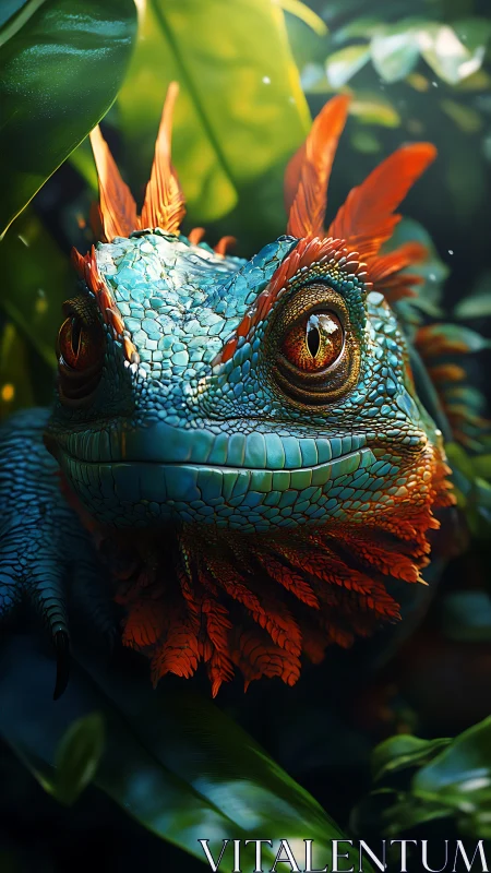 Vibrant blue jungle lizard with fiery frilled crest portrait.