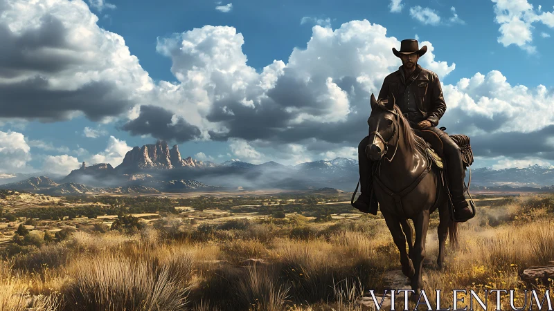 Solitary cowboy on horseback crossing sunlit Western plain