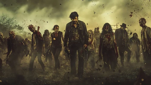 Cinematic zombie horde tableau with central armed survivor.