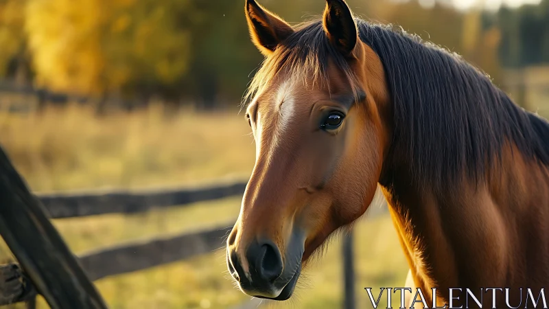 Bay horse near wooden fence in soft autumn field light.
