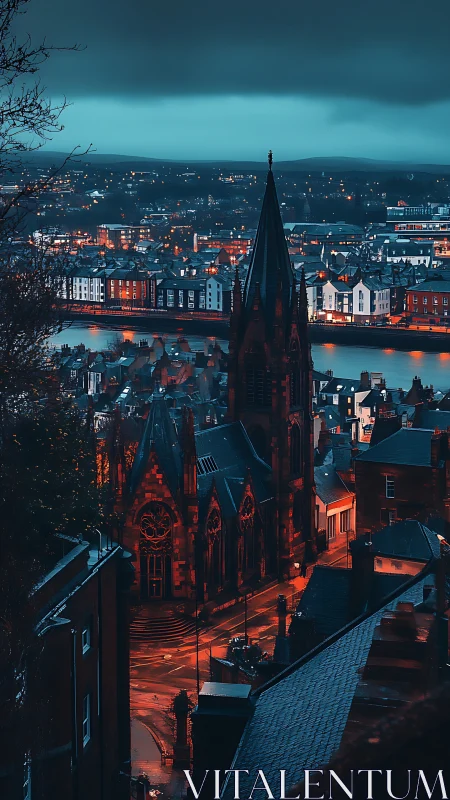 Midnight cathedral glows over riverlit rooftops in stormy hush.
