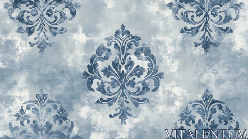 Distressed blue damask motif with repetitive ornamental symmetry.