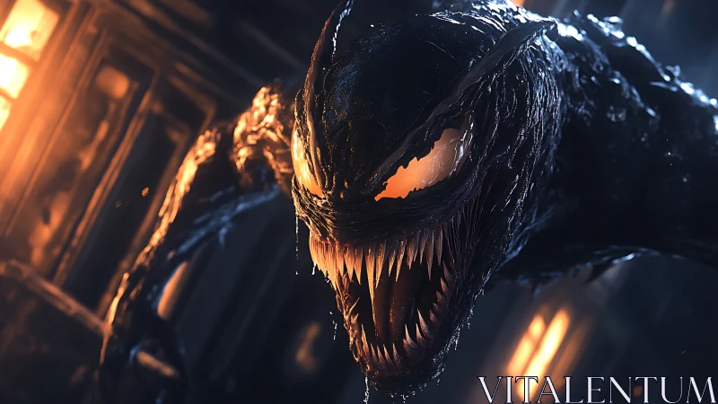 Rendered black creature with elongated jaws advances in frame