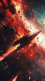 Shattered starship streaks through a blazing cosmic eruption