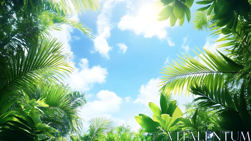 Lush tropical canopy window framing radiant midday sky.