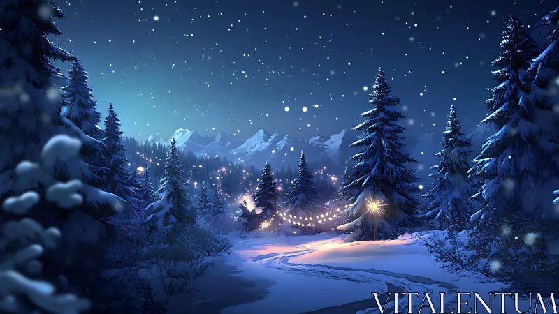 Snowlit forest lane twinkling under midnight lantern glow.