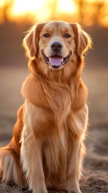 Golden retriever smiles in warm sunset field portrait.
