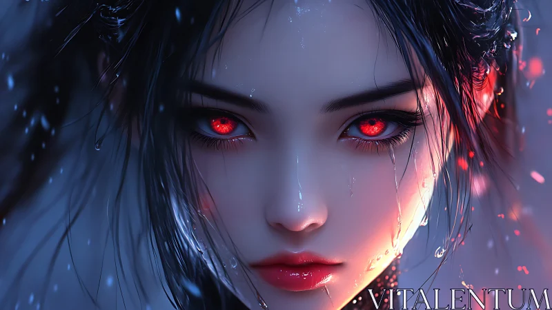 Scarlet gaze in the rain, a quiet storm of hidden power.