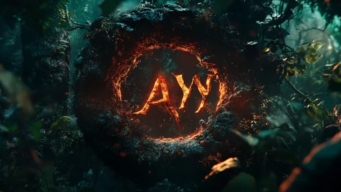 Fiery AWI emblem burns within mossy jungle ring.