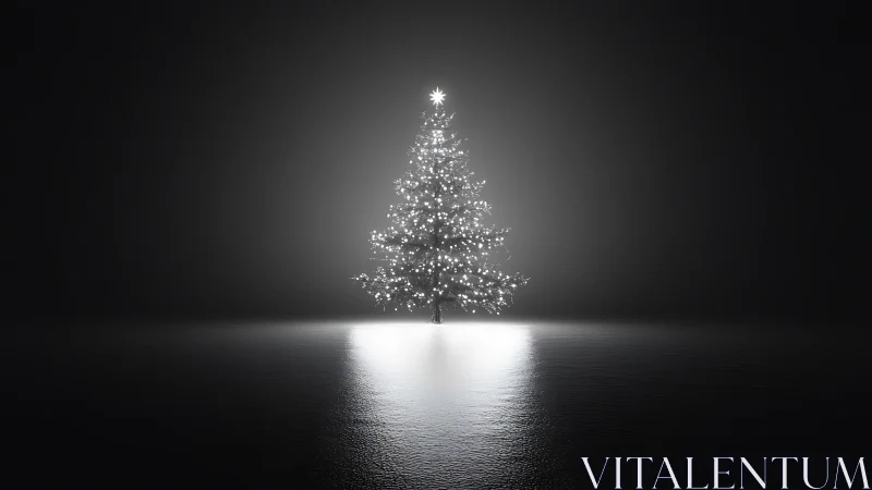 Minimalist luminous Christmas tree on reflective floor.