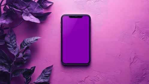 Smartphone with purple display on pink textured surface with plants