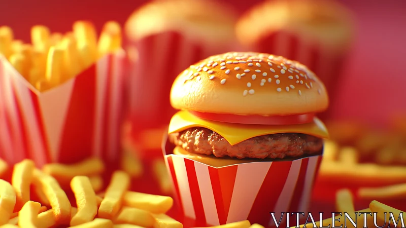 Cheeseburger sits in striped box beside fries on red background