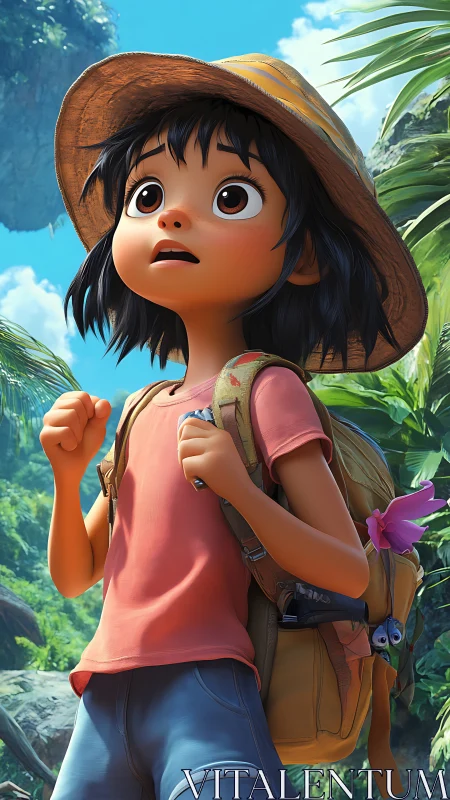 Young explorer in lush jungle with backpack and hat.