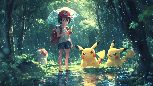 Rainy forest stroll with cheerful electric friends and wonder.