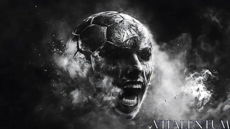 Explosive monochrome fusion of human face and soccer ball rendered