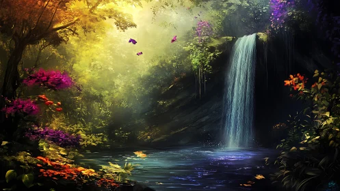 Luminescent forest waterfall renders atmospheric depth and color