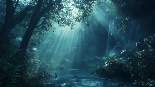 Ethereal Jungle Cascade: Sunlight Through Ancient Forest Canopy.