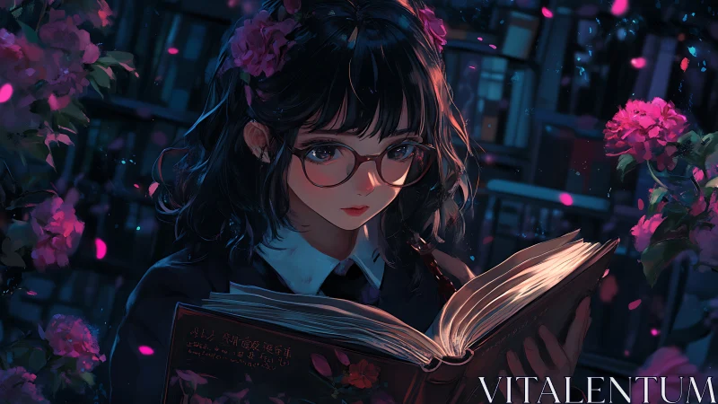 Nocturnal library reader with glowing tome and rose petals