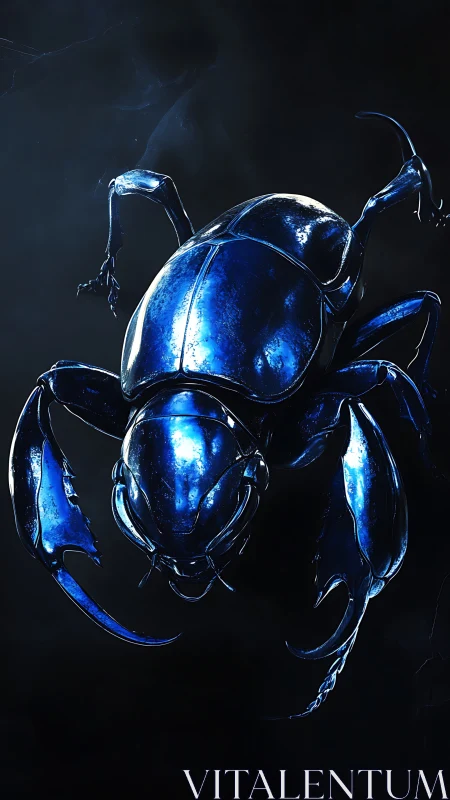 Metallic blue beetle rendered against deep black void