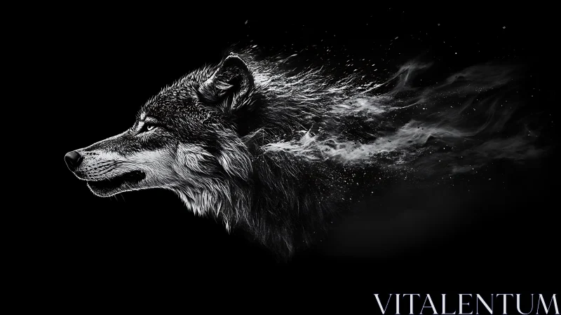 Monochrome wolf portrait dissolves into vaporous particle trails