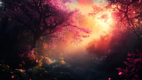 Sunlit forest glade with pink blossom trees at dawn.