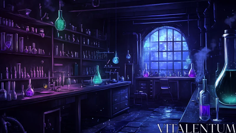 Arcane laboratory glows with neon alchemical glassware.