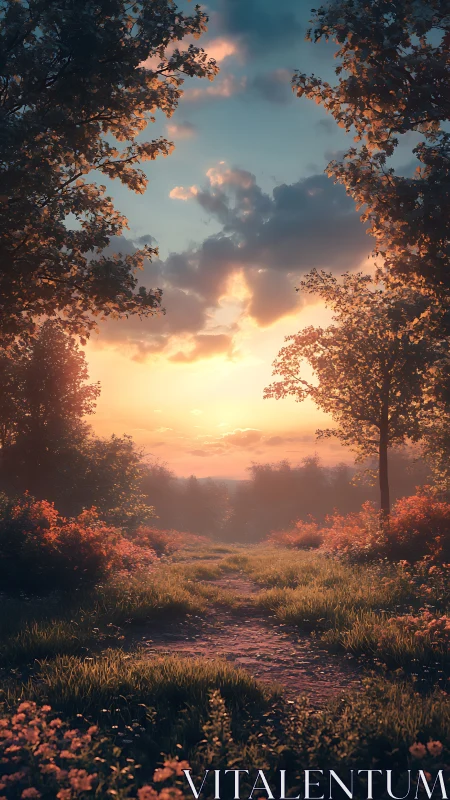 Volumetric sunset path through foliage-rich forest corridor.