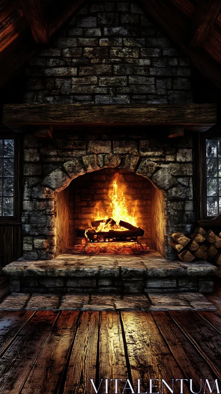 Fireplace in Rustic Stone Cottage Interior.
