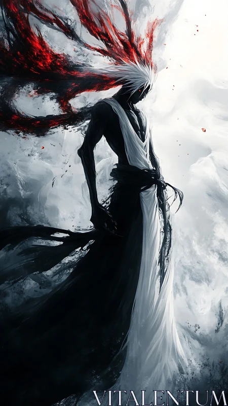 Dark robed warrior stands in swirling monochrome mist