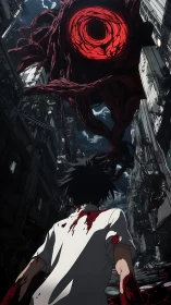 Bloodstained boy confronting colossal red void entity above.