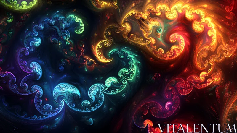 Multicolored fractal spirals on dark abstract gradient field.