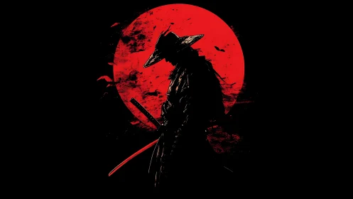 Silhouetted ronin profile before distressed scarlet moon
