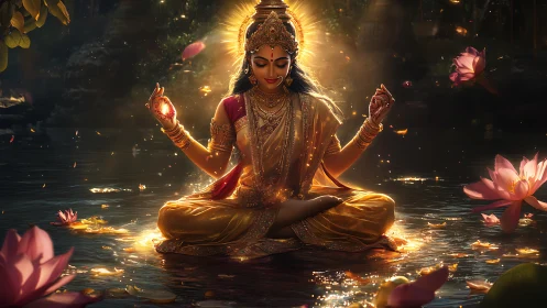 Digital painting of luminous goddess in lotus pond composition.