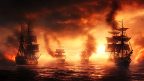 Burning warships advance through incendiary sunset seascape