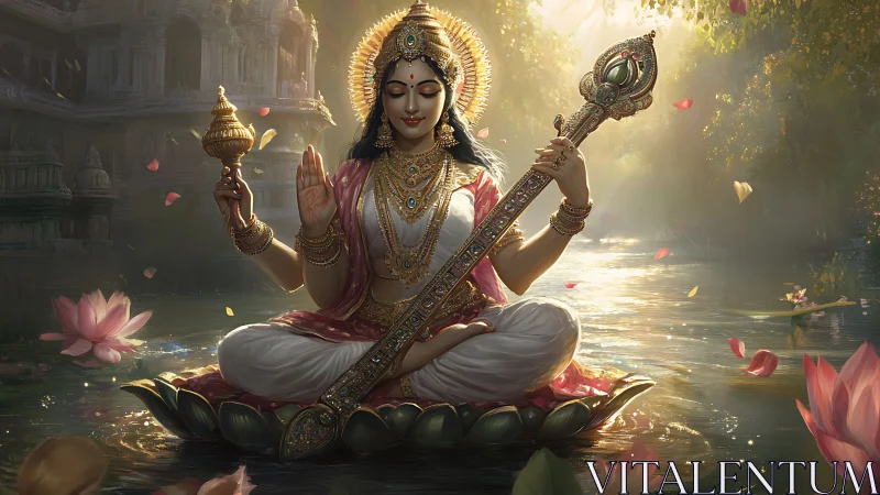 Radiant goddess on lotus amid sunlit temple waters.