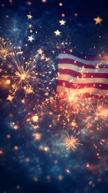 Sparkling fireworks glow around a warmly waving US flag
