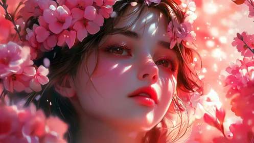 Dreamy springtime girl surrounded by glowing pink blossoms.