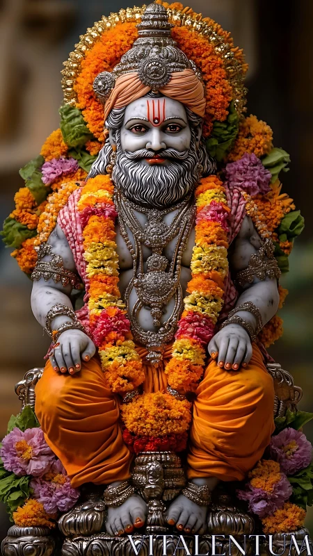 Marble Hindu deity idol with marigold garlands and ornate silver throne