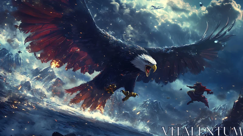 Massive Bald Eagle Battles Warrior in Dramatic Fantasy Art Scene.