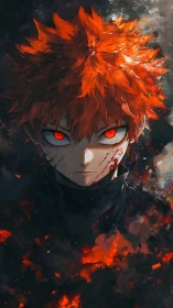 Red‑haired figure with glowing eyes in dark abstract field.